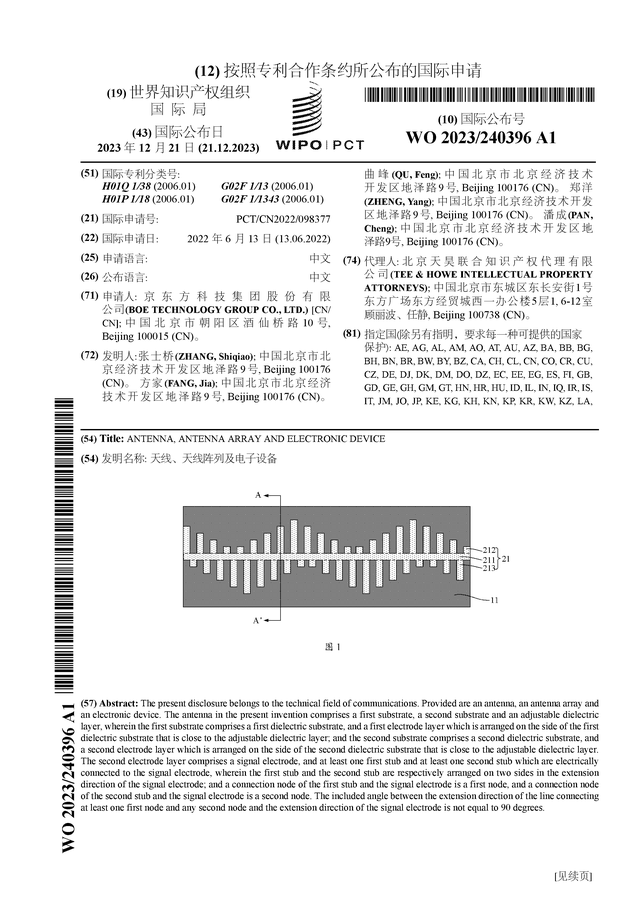 168体育京东方Ａ公布国际专利申请：“天线、天线阵列及电子设备”(图1)