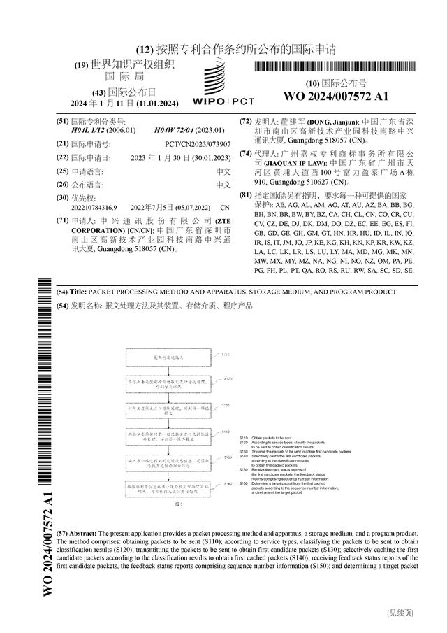 中兴通讯公布国际专利申请：“报文处理方法及其装置、存储介质、程序产品”(图1)