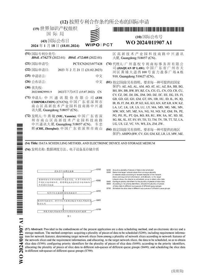 中兴通讯公布国际专利申请：“数据调度方法、电子设备及存储介质”(图1)