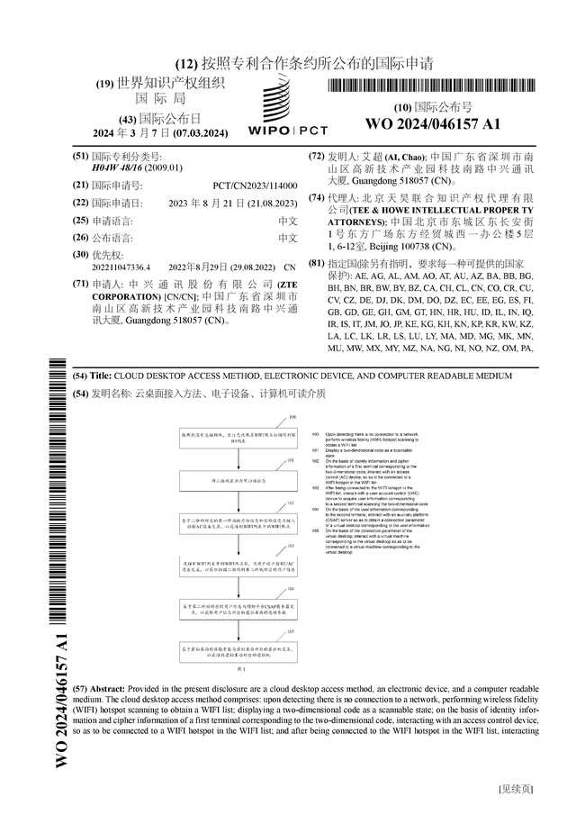 中兴通讯公布国际专利申请：“云桌面接入方法、电子设备、计算机可读介质”(图1)