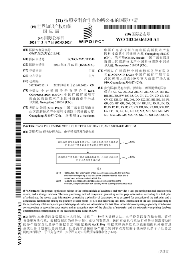 中兴通讯公布国际专利申请：“任务处理方法、电子设备以及存储介质”(图1)